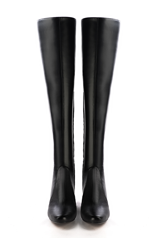 Satin black women's stretch thigh-high boots. Round toe. Low flare heels. Made to measure. Top view - Florence KOOIJMAN